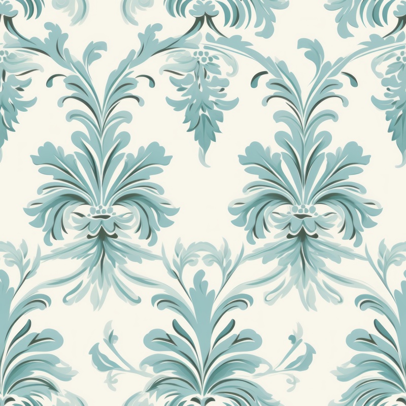 Turquoise Woodcut Damask with Subtle Grey Floral Design Seamless Pattern