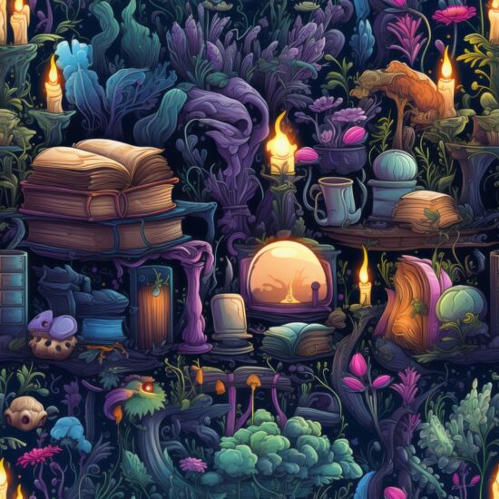Whimsical Bookshelf Secrets: Fantasy Illustration Seamless Pattern