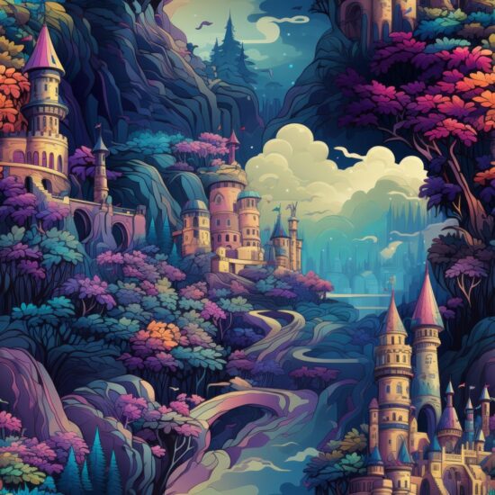 Whimsical Castle Fantasy: Purple Painting Seamless Pattern