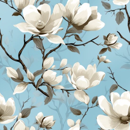 Whimsical Woodcut Magnolia: Modern Floral Seamless Pattern