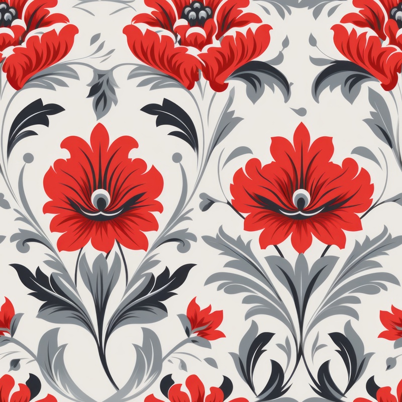 Woodcut Elegance: Minimalistic Damask with Red Floral Design Seamless Pattern