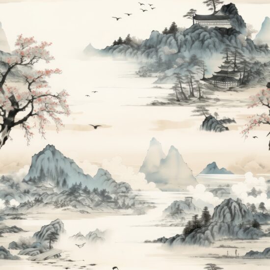 Zen Gardens: Serene Ink Wash Vistas Seamless Pattern