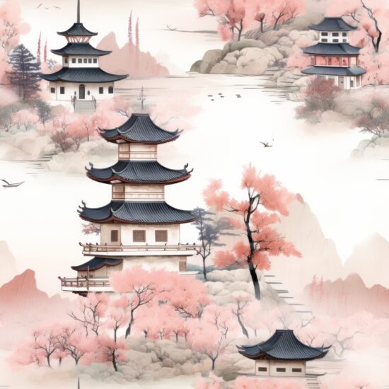 Zen Pagoda Watercolor Haven Seamless Pattern
