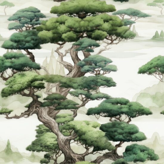 Zen Watercolor Bonsai Tranquility Seamless Pattern