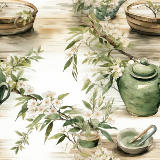 Zen Watercolor Japanese Tea Ceremonies Seamless Pattern