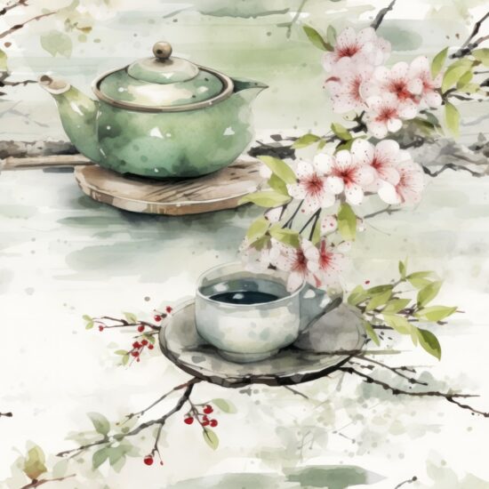 Zen Watercolor Japanese Tea Ceremonies Seamless Pattern
