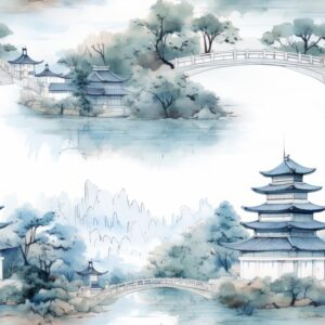 Zen Watercolor Pagoda Bliss Seamless Pattern