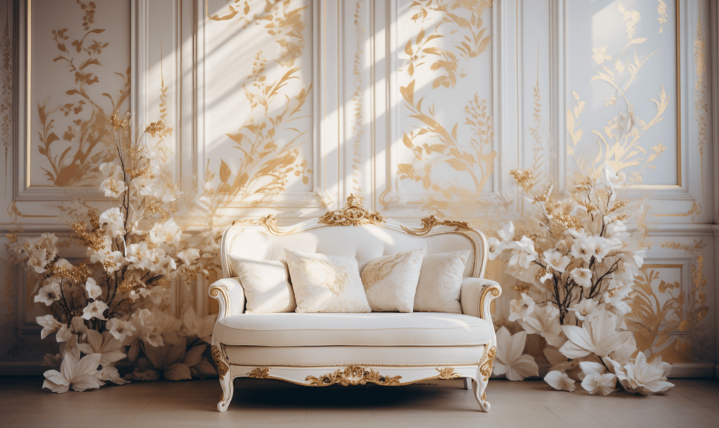 interior design Damask wallpaper pattern white shades and gold leaf 1 pattern design