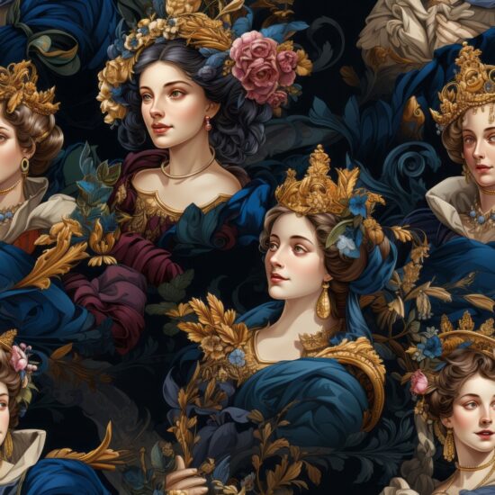 Baroque Queens Classic Portraits Seamless Pattern