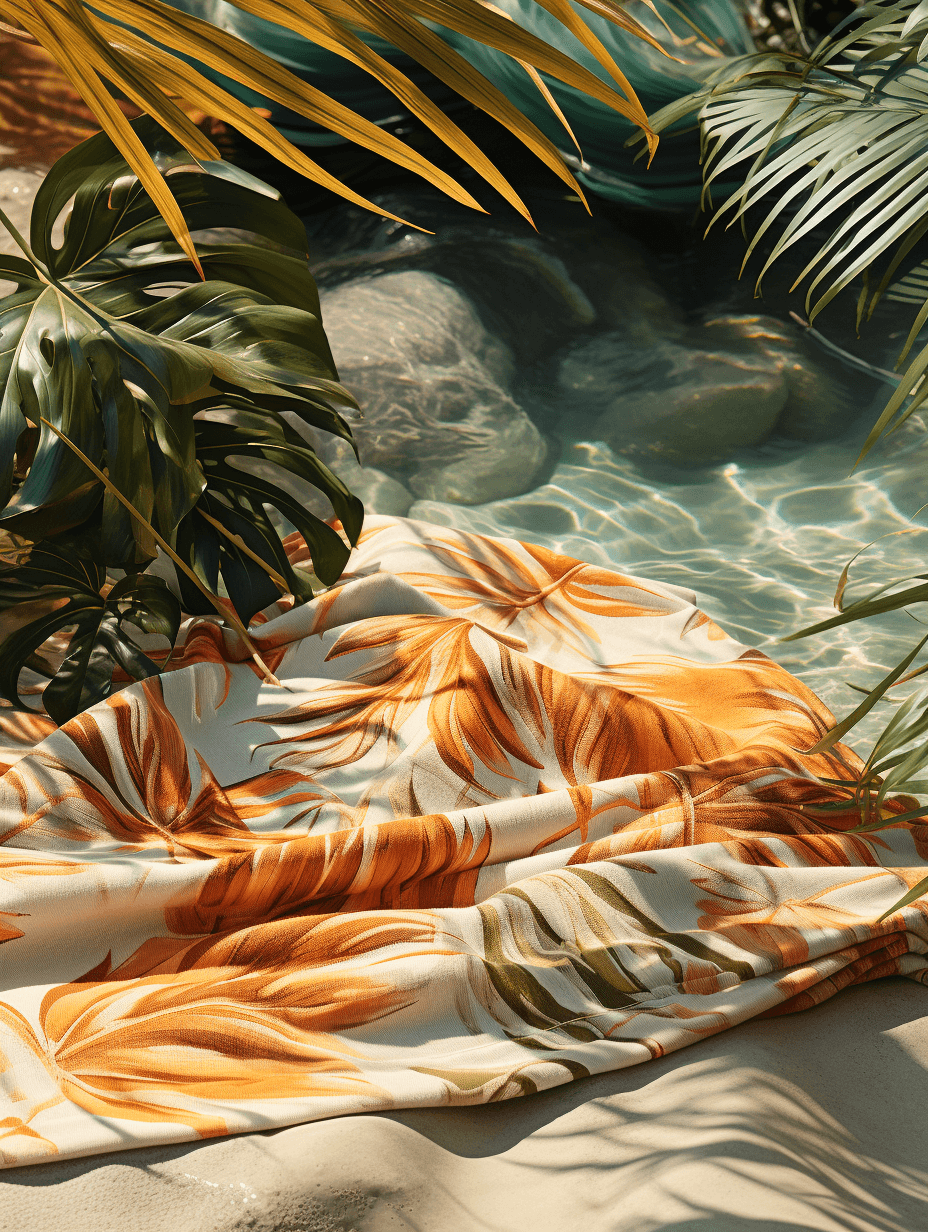 Beach Towel with jungle pattern print on it minimalist photography in jungle studio set up 1 pattern design