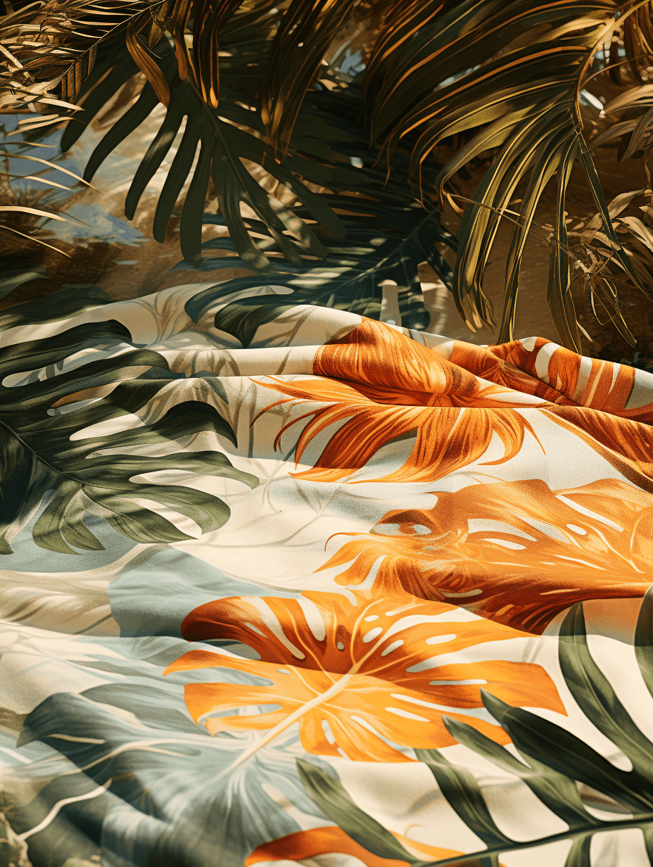 Beach Towel with jungle pattern print on it minimalist photography in jungle studio set up 2 pattern design