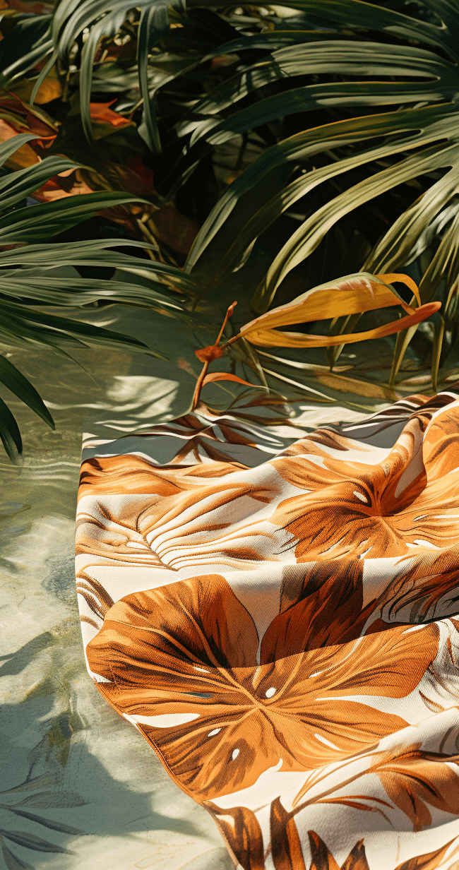 Beach Towel with jungle pattern print on it minimalist photography in jungle studio set up 3 pattern design