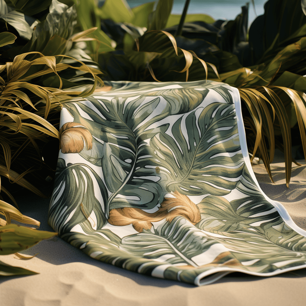 Beach Towel with jungle pattern print on it minimalist photography in jungle studio set up 4 pattern design
