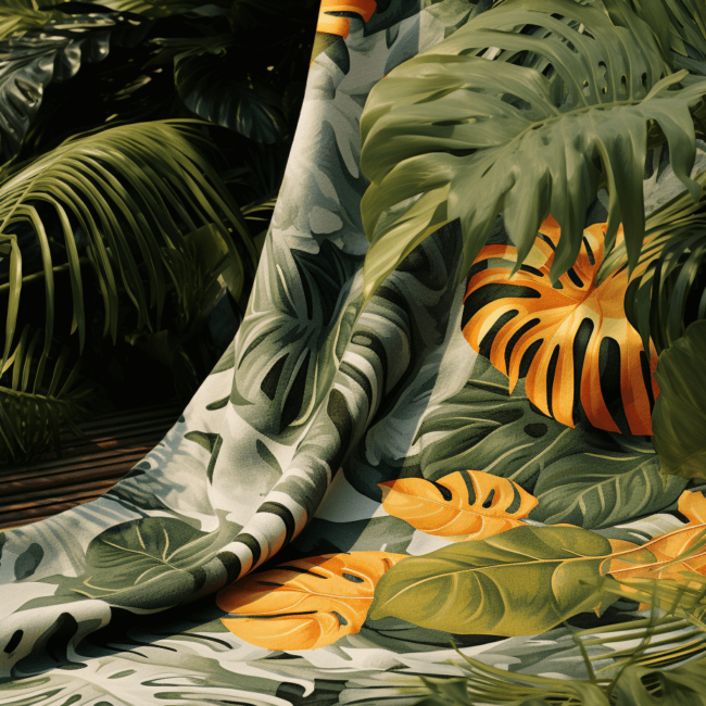 Beach Towel with jungle pattern print on it minimalist photography in jungle studio set up 5 pattern design