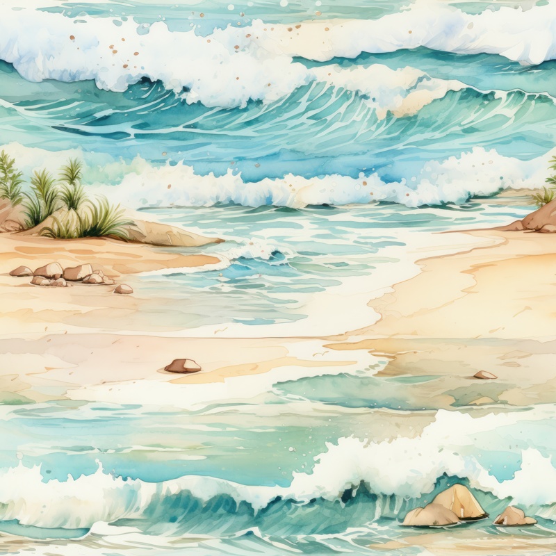 Beach Watercolor Waves Seamless Pattern