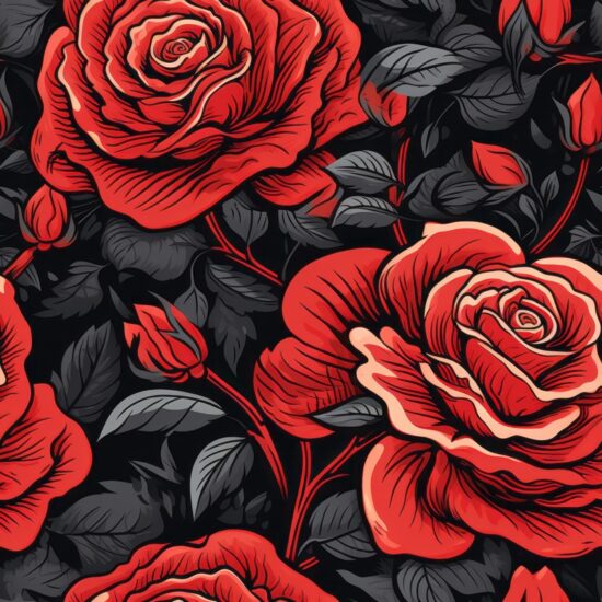 Blooming Rose Linocut Design Seamless Pattern