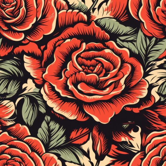 Blooming Rose Linocut Seamless Pattern