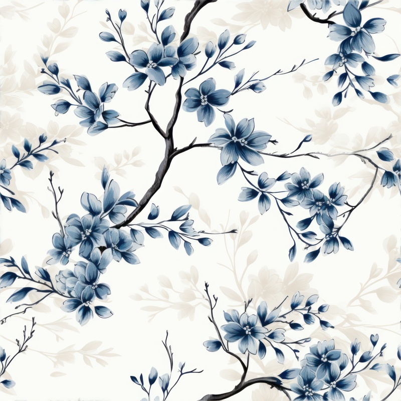 Blue Elm Engraving Floral Design Seamless Pattern
