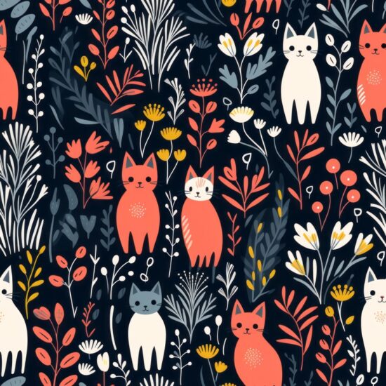 Cat Meadow Floral Foliage Seamless Pattern