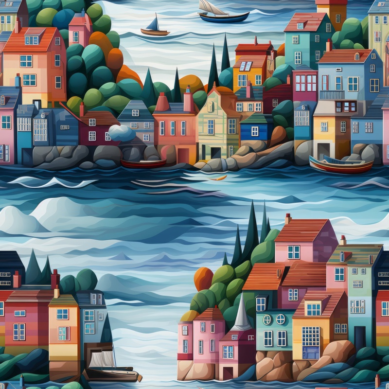 Coastal Village Seascape: Colorful Brick Houses Seamless Pattern