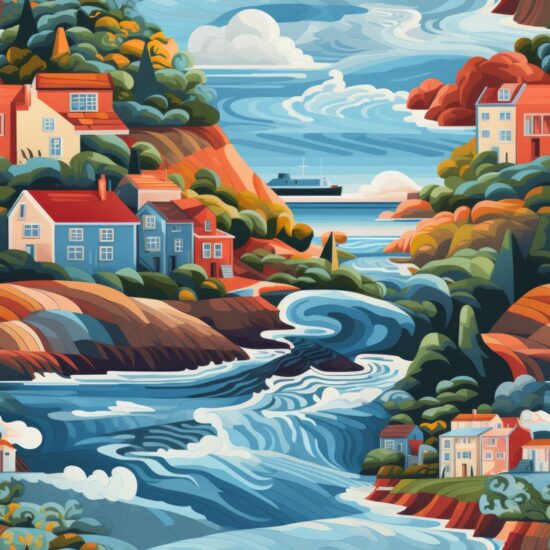 Coastal Village Seascape Illustration Seamless Pattern