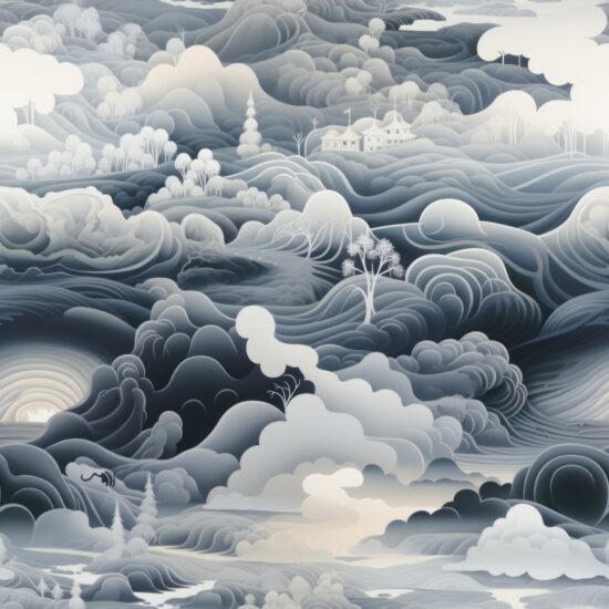 Dreamland Outdoors: Surreal Gray Landscapes Seamless Pattern