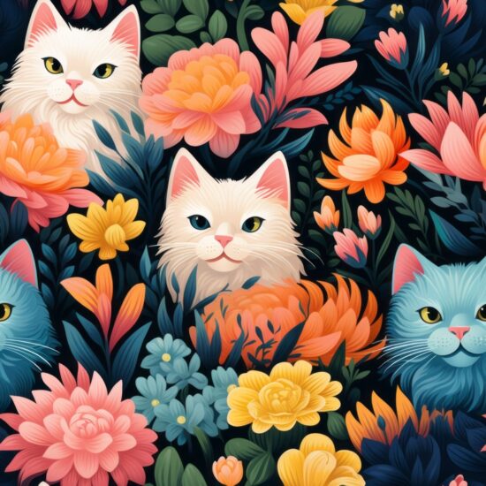 Feline Floral Paradise Seamless Pattern