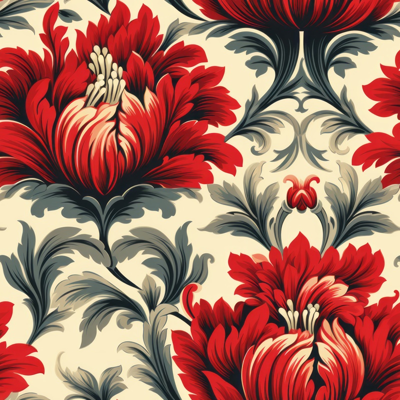Fiery Red Vintage Floral Damask Seamless Pattern