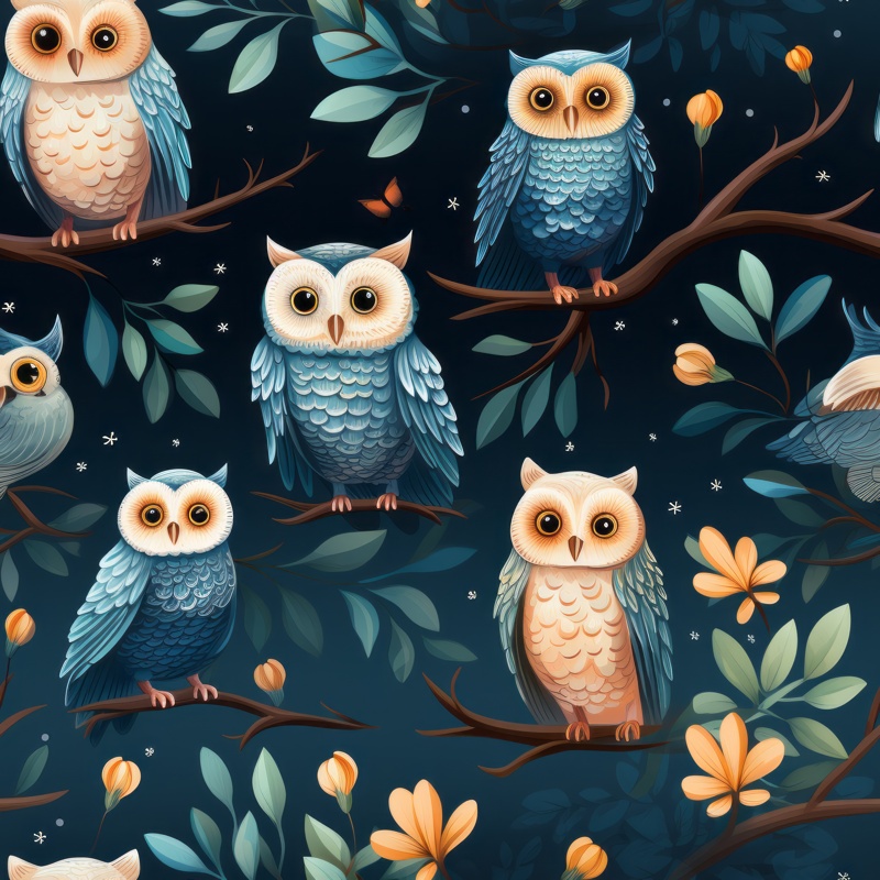 Forest Owls in Nature Seamless Pattern