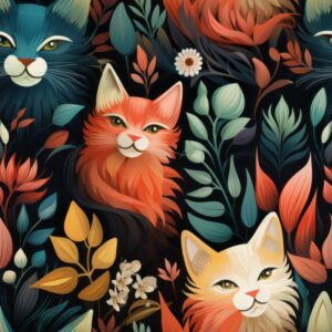Leafy Feline Tapestry Seamless Pattern