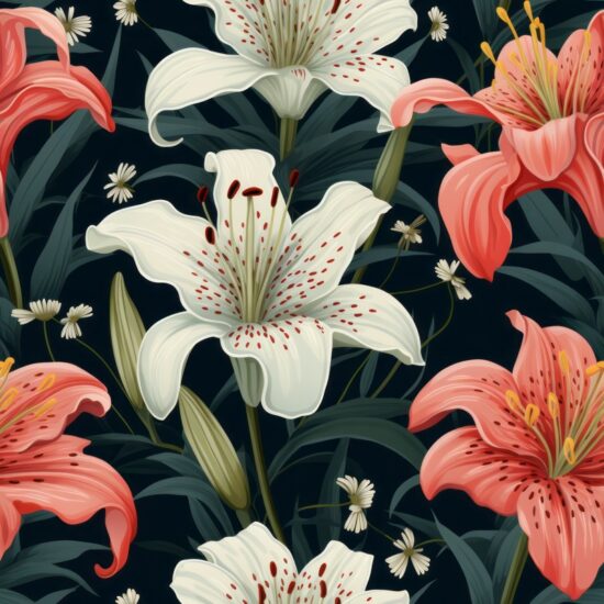 Lily Blossom Botanical Illustration Seamless Pattern