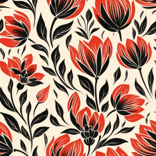 Linocut Tulip Floral Print Seamless Pattern