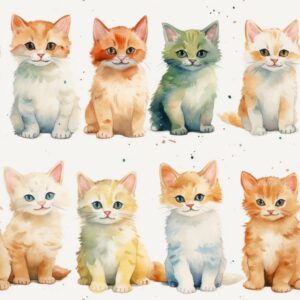 Manx Kittens Watercolor Magic Seamless Pattern