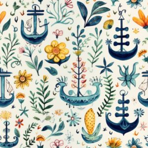 Nautical Brush Strokes & Maritime Motifs Seamless Pattern