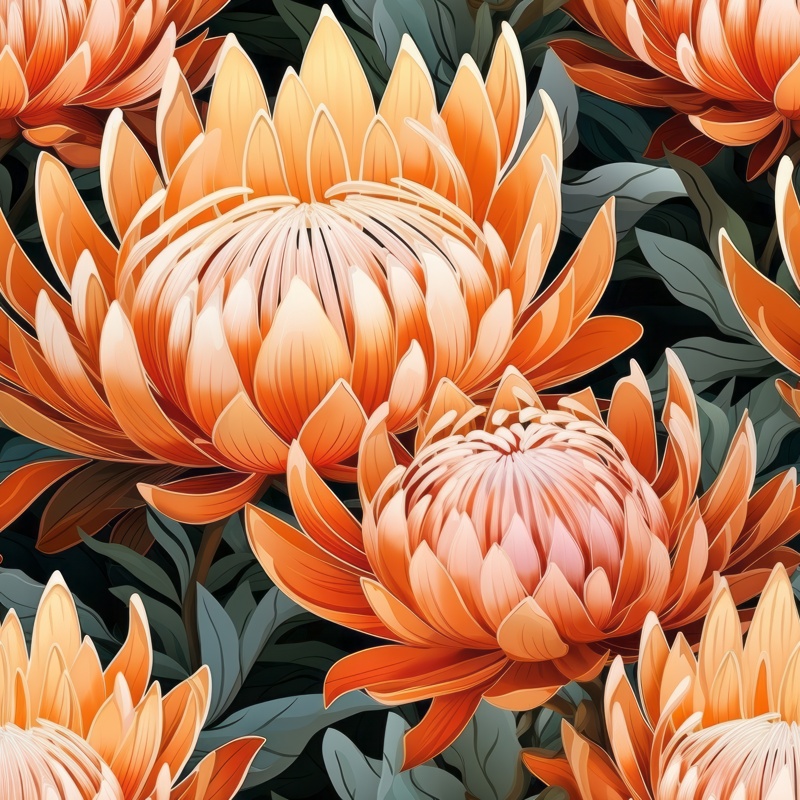 Orange Protea Floral Vector Pattern Seamless Pattern