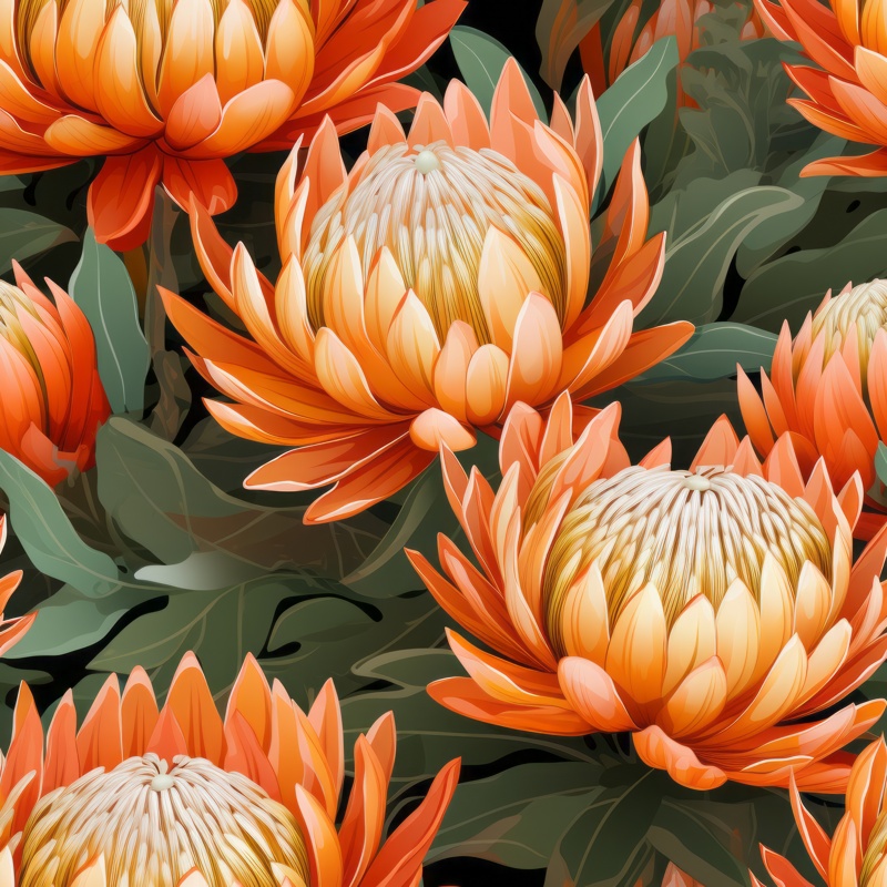 Orange Proteas Gradient Vector Floral Seamless Pattern