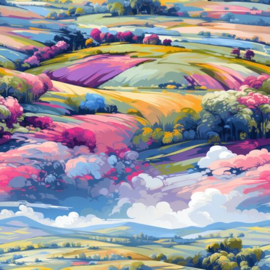 Rolling Meadows - Impressionist Landscape Seamless Pattern