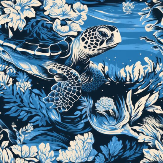 Sea Turtle Linocut Print Seamless Pattern