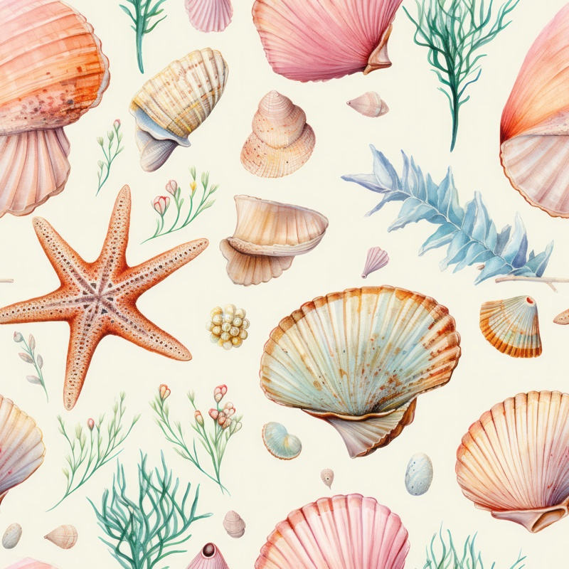 Seashell Beach Watercolor Delights Seamless Pattern