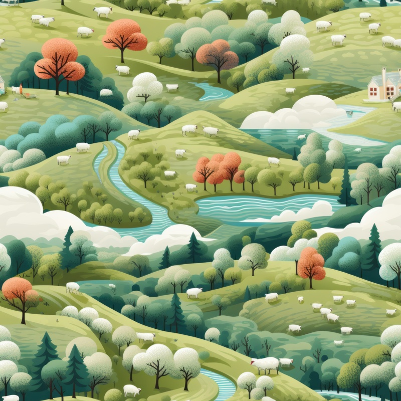 Serene Countryside Illustrated Pattern Seamless Pattern