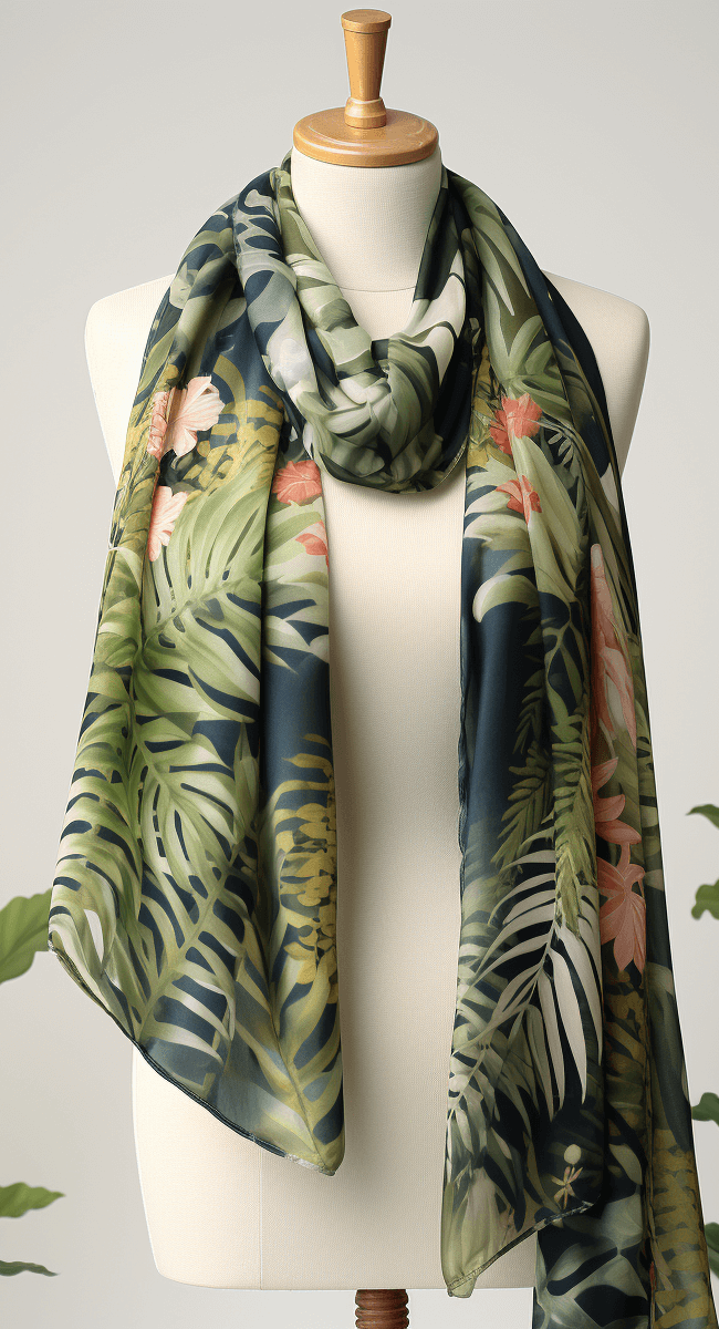 Silk Scarf on Mannequin with jungle pattern design 4 pattern design