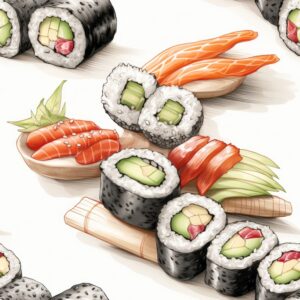 Sushi Sketch Dish Rice Seamless Pattern