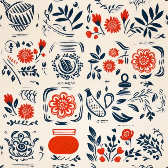 Teapot Garden Linocut Seamless Pattern