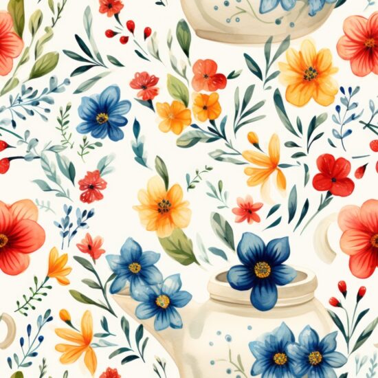 Teapot Watercolor Floral Design Seamless Pattern