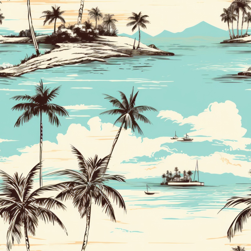 Tropical Island Paradise Engraving Style PTN 003743 pattern design