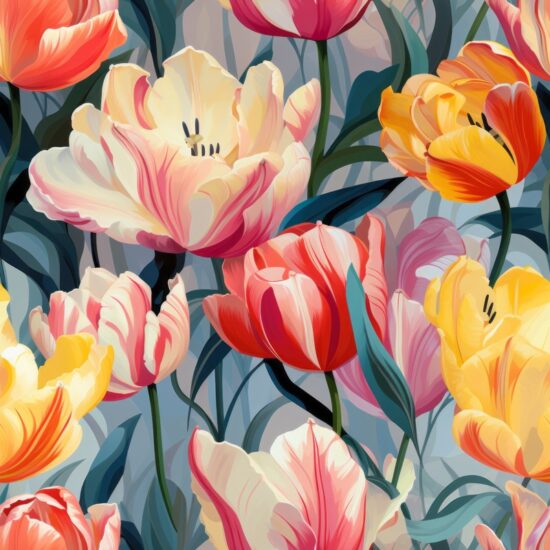 Tulip Blooms in Oil Style Seamless Pattern
