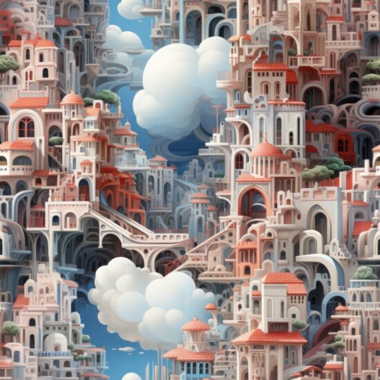 Urban Dreamscape: Blending Cityscapes & Fantastical Architecture Seamless Pattern