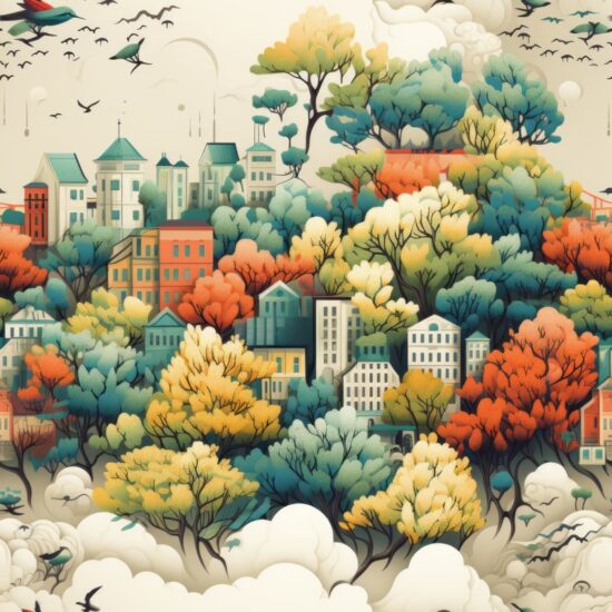 Urban Nature Fusion: Painted Illustrations Seamless Pattern