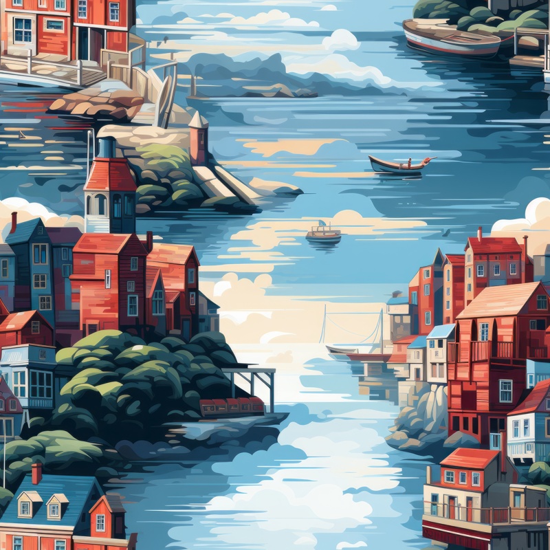Vibrant Waterfront Illustration Seamless Pattern