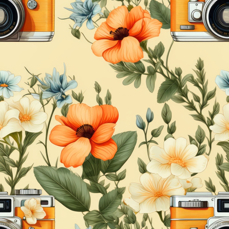 Vintage Camera Floral Illustration Pattern Seamless Pattern